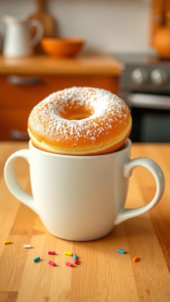 A mug filled with a fluffy donut topped with powdered sugar and sprinkles on a wooden table.